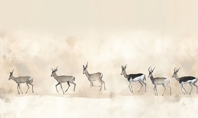  a group of antelope walking across a snow covered field in front of a foggy sky and a light colored wall behind them.  generative ai