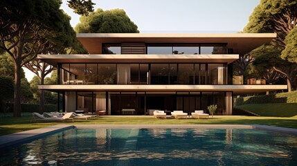 Fototapeta premium Sleek and contemporary villa in Milan or the Italian Riviera, boasting minimalist design, floor - to - ceiling windows, and seamless indoor - outdoor living spaces