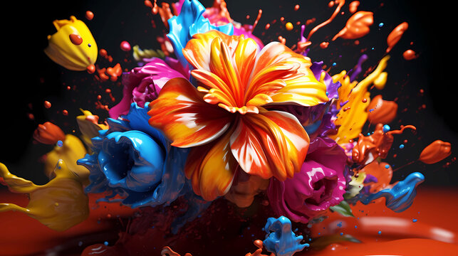 Beautiful abstraction of bright mixed colors of paints and flowers on a dark background.