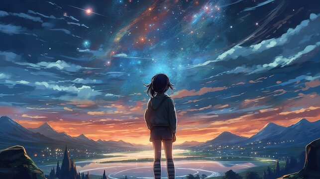a scifi inspired sky and a manga girl watching it from an aerial view, ai generated image