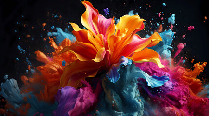 Beautiful abstraction of bright mixed colors of paints and flowers on a dark background.