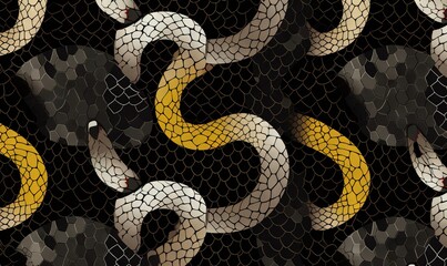  a snake on a black background with a yellow snake on it's back and a white snake on the front of it's head.  generative ai