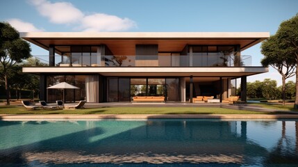 Fototapeta premium Sleek and contemporary villa in Milan or the Italian Riviera, boasting minimalist design, floor - to - ceiling windows, and seamless indoor - outdoor living spaces