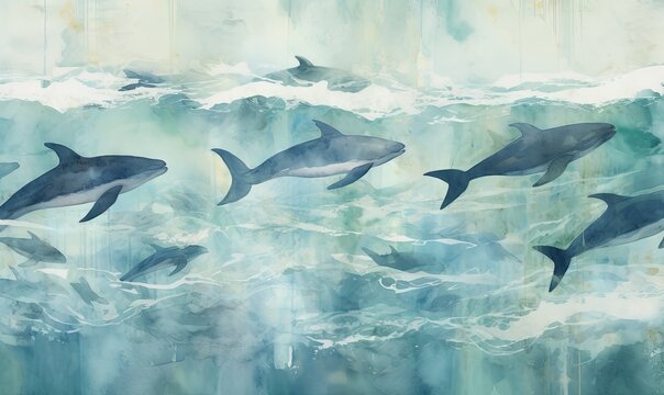  a painting of a group of dolphins swimming in the ocean with a wave coming in from the bottom of the picture and the bottom of the picture of the picture.  generative ai