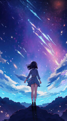 a beautiful freedom inspired anime artwork of a woman standing at the top of a hill watching the universe, vertical artwork, ai generated image