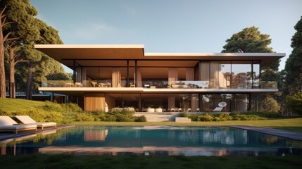 Fototapeta premium Sleek and contemporary villa in Milan or the Italian Riviera, boasting minimalist design, floor - to - ceiling windows, and seamless indoor - outdoor living spaces