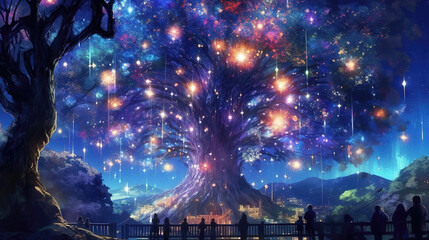 a fairytale inspired shining giant tree, anime wallpaper, ai generated image