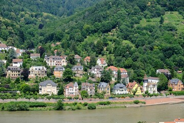 Beautiful houses on the edge of a river in Heidelberg city Germany with the forest in the background