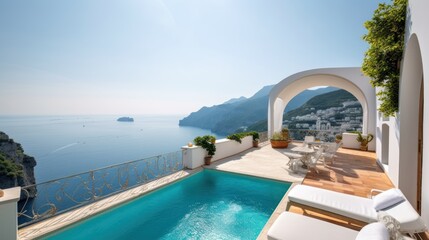 Luxurious villa nestled along the breathtaking Amalfi Coast of Italy, with panoramic views of the sparkling Mediterranean Sea and cliffside terraces - obrazy, fototapety, plakaty