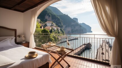 Luxurious villa nestled along the breathtaking Amalfi Coast of Italy, with panoramic views of the sparkling Mediterranean Sea and cliffside terraces