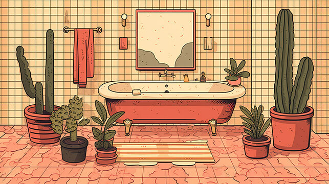 a plant inspired cartoon bathroom mockup, ai generated image