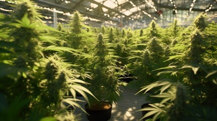 Cannabis plants, flowering, plantation, marijuana in greenhouse, AI generated