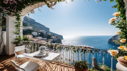 Luxurious villa nestled along the breathtaking Amalfi Coast of Italy, with panoramic views of the sparkling Mediterranean Sea and cliffside terraces