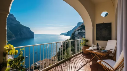 Photo sur Plexiglas Ciel bleu Luxurious villa nestled along the breathtaking Amalfi Coast of Italy, with panoramic views of the sparkling Mediterranean Sea and cliffside terraces