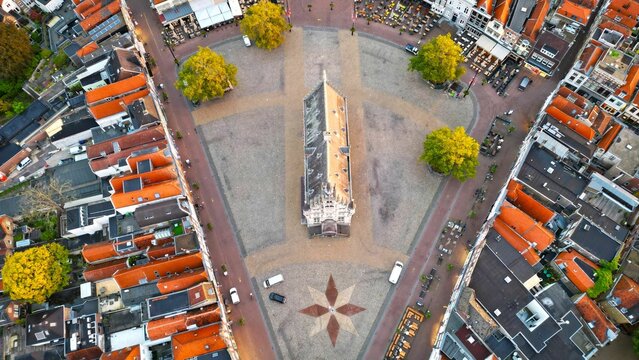 Aerial drone shot of the cityscape of Gouda, Netherlands