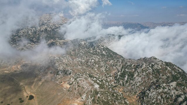 Aerial drone shot of the mountains of Lebanon