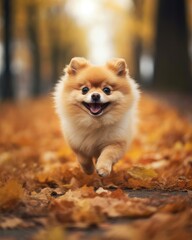 Fototapeta premium Pomeranian running in forest. Generative AI