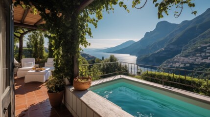 Fototapeta premium Luxurious villa nestled along the breathtaking Amalfi Coast of Italy, with panoramic views of the sparkling Mediterranean Sea and cliffside terraces