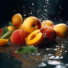 Creative concept of peach on the turquoise background. Exotic fruits and leaves. Food concept.
 ,Generative AI