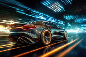 Obraz na płótnie Canvas Car silhouette with motion blur effect. Futuristic sports car at night road with light effects. Supercar acceleration at night track with colored light trails. Created with Generative AI