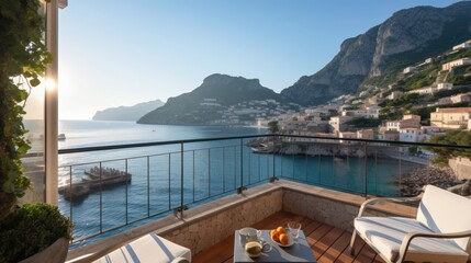 Fototapeta premium Luxurious villa nestled along the breathtaking Amalfi Coast of Italy, with panoramic views of the sparkling Mediterranean Sea and cliffside terraces