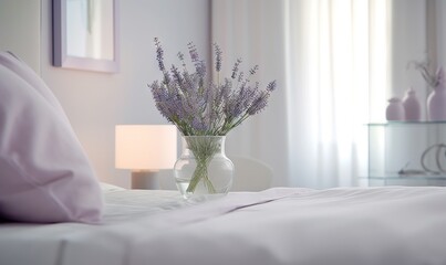  a vase of lavender flowers on a bed in a room with a white bed spread and a white pillow and two lamps on either side of the bed.  generative ai