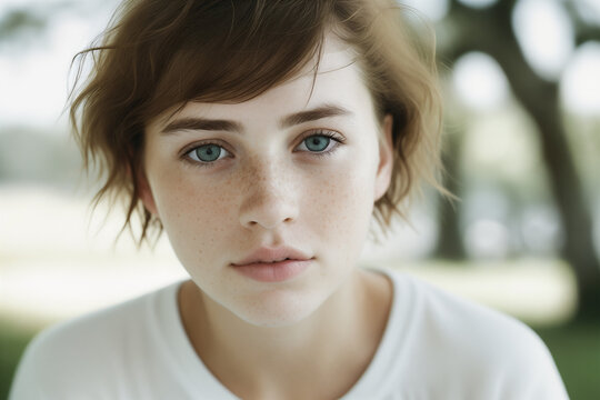 Portrait of a beautiful young cute freckled girl with short messy hair with blue eyes wearing a white t-shirt outdoors. Generative AI.