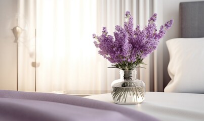  a glass vase with purple flowers on a white table in a bedroom with a white bed and a white curtained window behind it and a white headboard.  generative ai