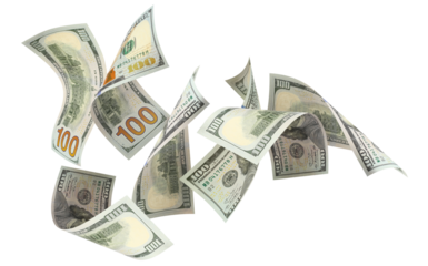 Flying 100 American dollars banknotes, cut out