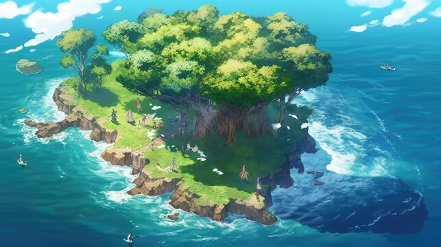 a beautiful nature tree island in anime style, ai generated image