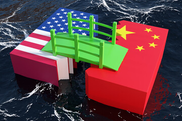 Green bridge connecting blocks of the USA and China in the ocean. Illustration of the concept of the International relationship and cooperation between American and Chinese governments