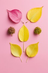 Minimal autumn infographic made of yellow and pink leaves on pastel pink background. Elegant fall composition. Vertical design. Illustration. Generative AI