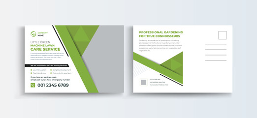 Naklejka premium landscaping lawn care postcard, best lawn care Service postcard template, Eddm Postcard Design, Event Card Design, Direct Mail Template, Invitation Design. leaflet, grass, equipment, gardener