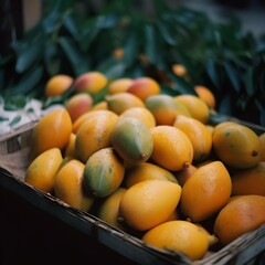 Fresh delicious sweet mangoes on a wooden background.  ,Generative AI