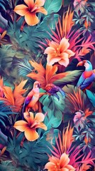 Fototapeta na wymiar Colorful nature, paradise with exotic leaves, plants and birds. Vertical concept for wallpaper, fabric print. Illustration. Generative AI