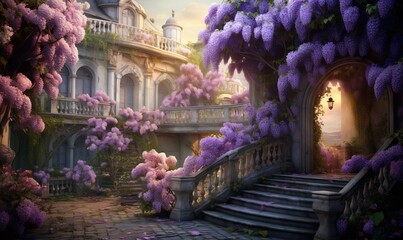  a painting of a stairway with purple flowers on the steps and a building in the background with a balcony and a staircase leading up to the upper level.  generative ai
