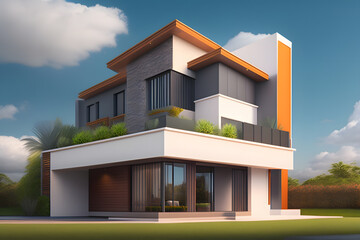 Modern two-storey house exterior with empty backyard with cloudy sky created with Generative AI technology