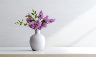  a white vase filled with purple flowers on top of a white counter top next to a white wall and a white wall behind the vase.  generative ai