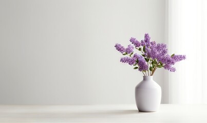  a white vase filled with purple flowers on top of a white counter top next to a white curtained window sill with a white wall in the background.  generative ai