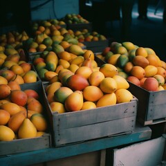 Fresh delicious sweet mangoes on a wooden background. ,Generative AI