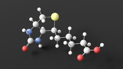 biotin molecule, molecular structure, vitamin b7, ball and stick 3d model, structural chemical formula with colored atoms
