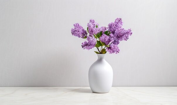  a white vase filled with purple flowers on top of a white counter top next to a white wall with a white wall behind it and a white wall in the background.  generative ai