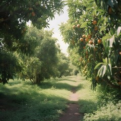 Ripe Mango tropical fruit hanging on tree with rustic wooden table and sunset at organic farm ,Generative AI