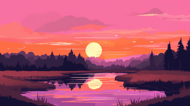 a susnet anime landscape illustration with a river view, ai generated image