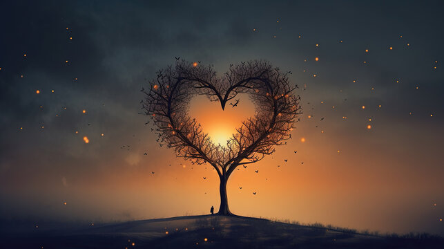 a magical beautiful tree made out of a heart, lonely person, ai generated image