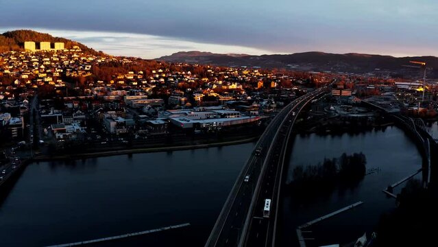Timelapse aerial shot of the E18 longest highway in Drammen, Norway