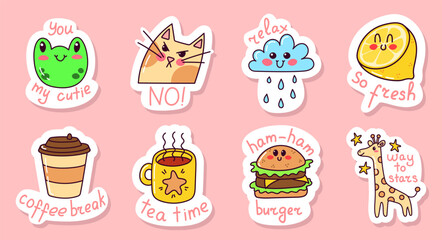 Set of stickers with funny animals, food in a cartoon style. Hand drawn vector isolated.
