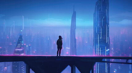 a cool brave anime girl standing on top of a modern cyberpunk city watching down and thinking about life, ai generated image