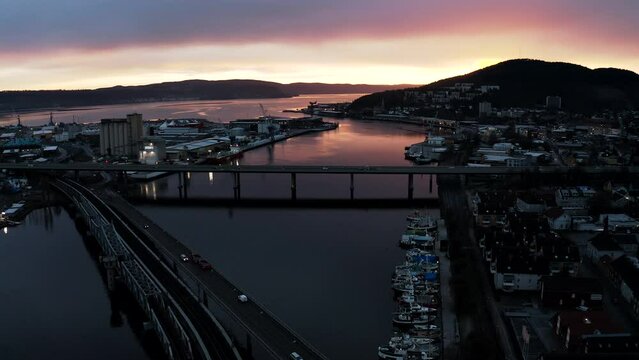 Aerial shot of the E18 longest highway in Drammen, Norway