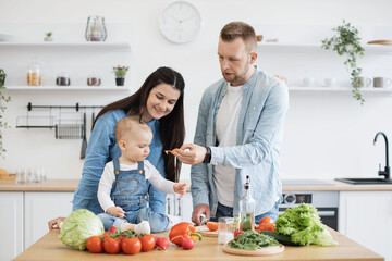 Affectionate family man putting forward slice of tomato to funny child while cutting vegetables. Cautious parents promoting child to new food while making classic appetizer from natural ingredients.